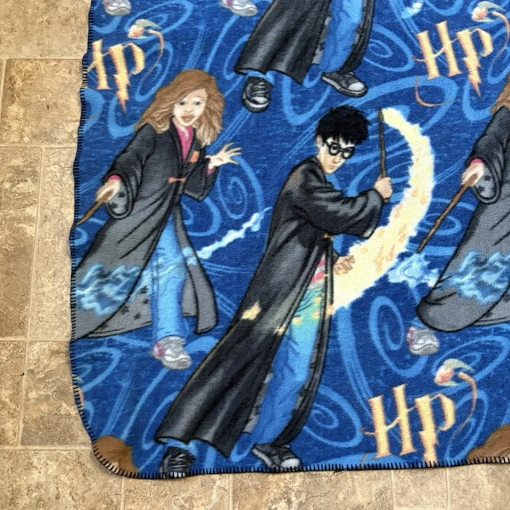 Vtg 2001 Harry Potter Fleece Blanket Throw 55x43 Blue Hermione Harry Wand Spell